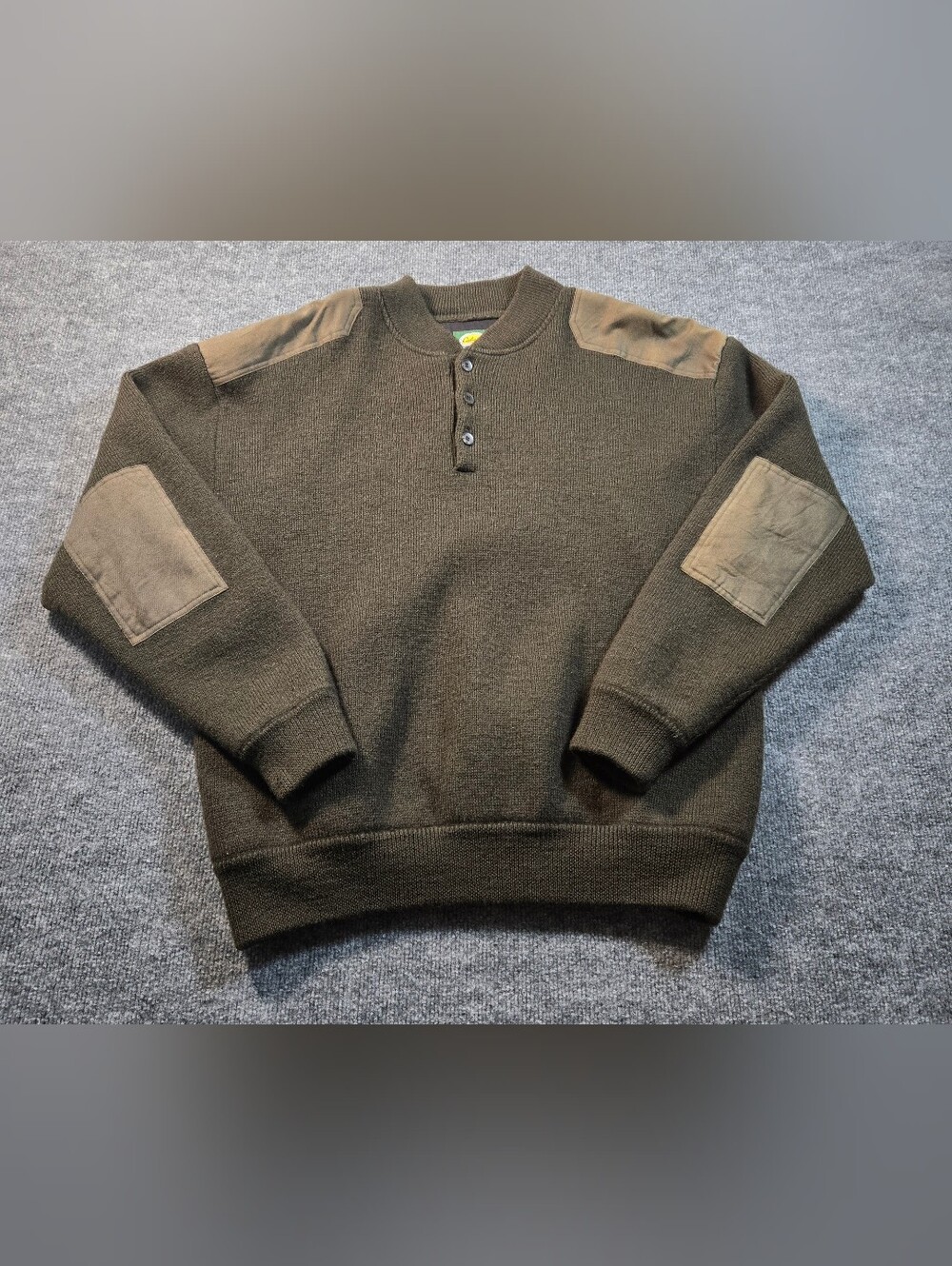 Cabelas Vintage Wool Button Placket Sweater XL Reg Olive Canvas Elbo Patch